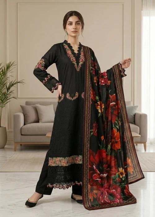 Embroidered Lawn Suit with Silk Dupatta