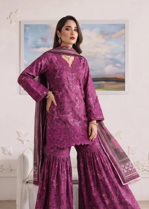 3 Piece Embroidered Lawn Gharara Suit - Purple - Silk Dupatta