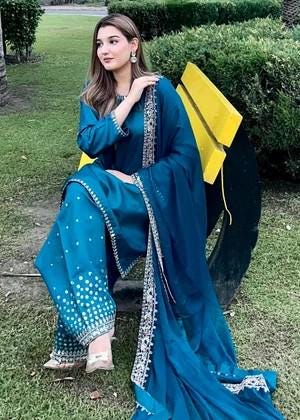 Embroidered Silk Farshi Shalwar Suit with Chiffon Dupatta - 3 Piece - Blue
