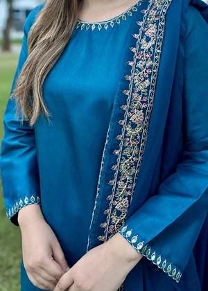 Embroidered Silk Farshi Shalwar Suit with Chiffon Dupatta - 3 Piece - Blue