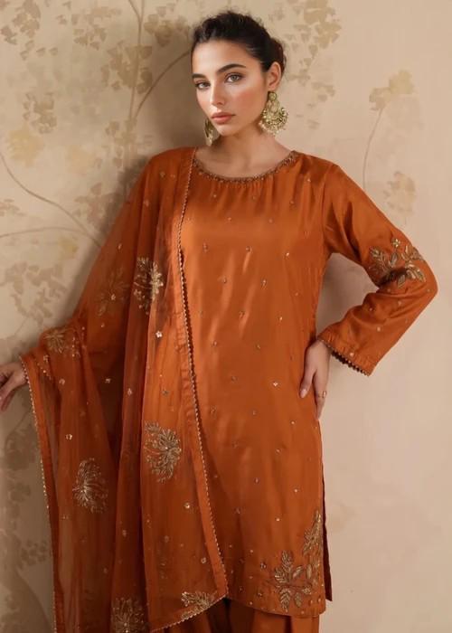 Embroidered Silk Farshi Shalwar Suit with Organza Dupatta - 3 Piece - Rust Orange