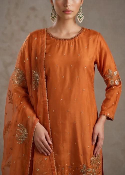 Embroidered Silk Farshi Shalwar Suit with Organza Dupatta - 3 Piece - Rust Orange
