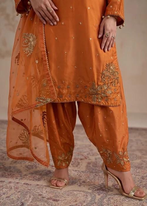 Embroidered Silk Farshi Shalwar Suit with Organza Dupatta - 3 Piece - Rust Orange