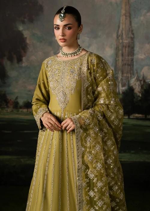Olive Green Chiffon Maxi Dress - 3 Piece Designer Wear