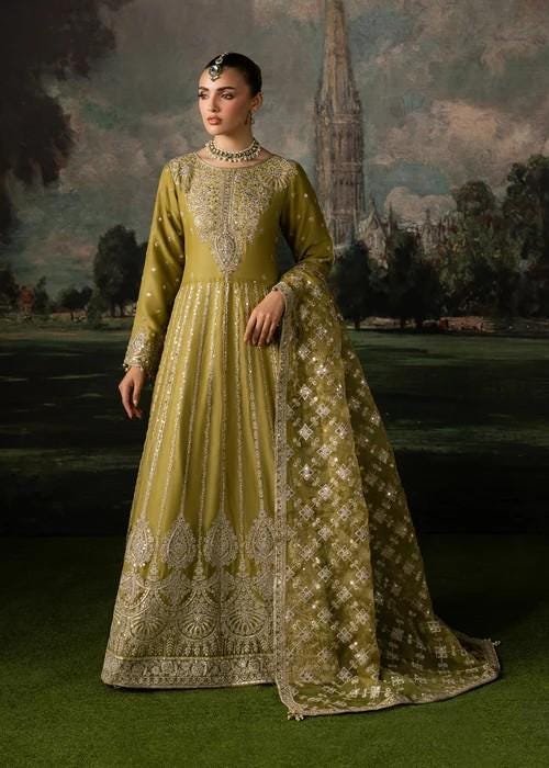 Olive Green Chiffon Maxi Dress - 3 Piece Designer Wear