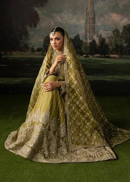 Olive Green Chiffon Maxi Dress - 3 Piece Designer Wear