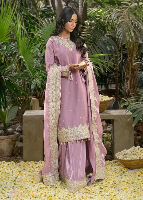 3 Piece Embroidered Silk Kurta Shalwar Suit - Mauve Pink