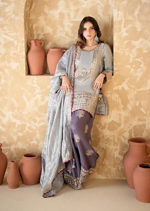3 Piece Embroidered Silk Palazzo Suit Zardozi Work
