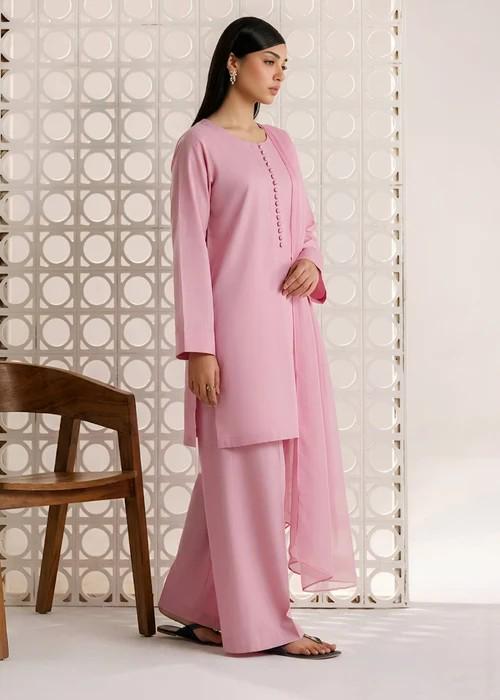 Pink Linen Kurta Set - Chiffon Dupatta - Pink