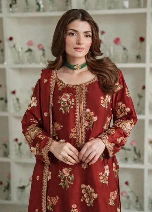 3 Piece Embroidered Charmeuse Silk Suit - Beige Raw Silk Pants