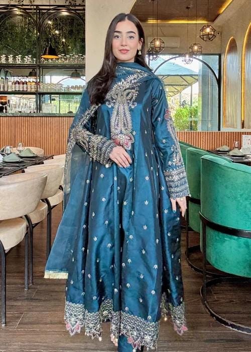 3 Piece Embroidered Silk Pishwas - Teal