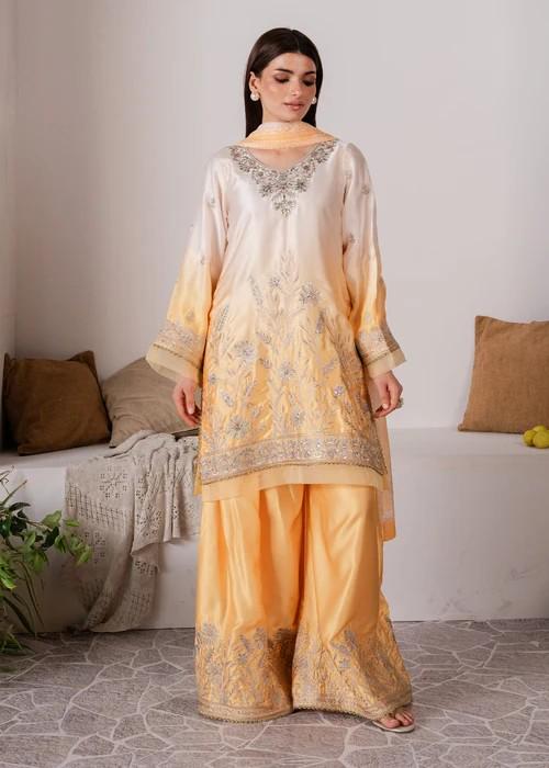 3 Piece Embroidered  Charmeuse / Shamooz Silk Palazzo Suit