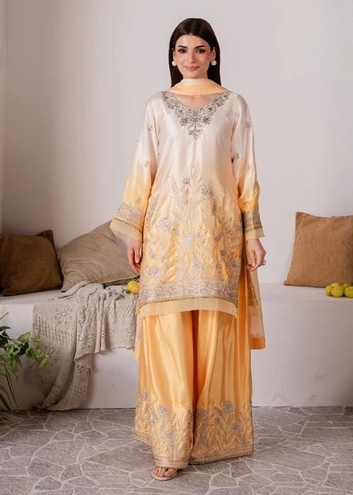 3 Piece Embroidered  Charmeuse / Shamooz Silk Palazzo Suit