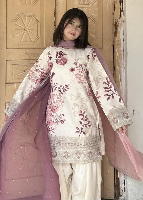 Embroidered Raw Silk Farshi Shalwar Suit - 3 Piece - Off White