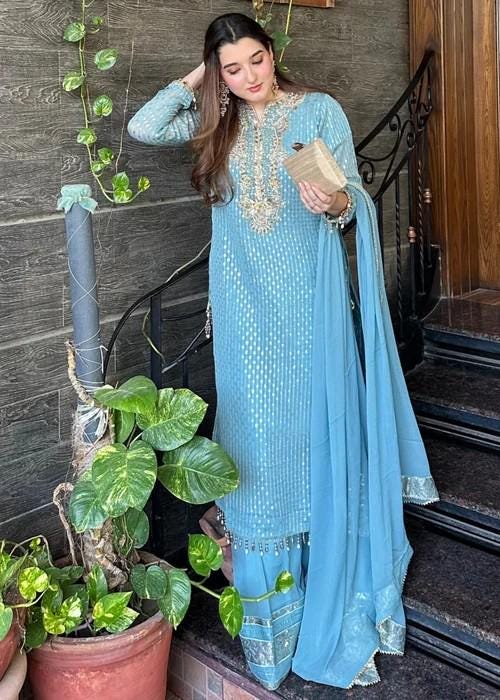 Embroidered Chiffon Sharara with Long Kurta  - Ice Blue - 3 Piece
