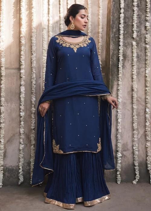 Embroidered Chiffon Sharara with Long Kurta  - Cobalt Blue - 3 Piece - Adda Work