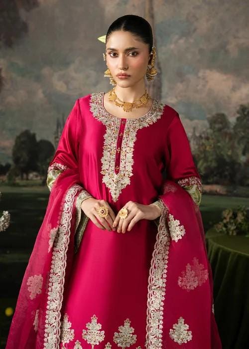Embroidered Charmeuse / Shamooz Silk Kurta Sharara Set