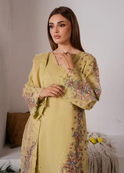 3 Piece Embroidered Organza Kurta Palazzo Suit - Lime Yellow
