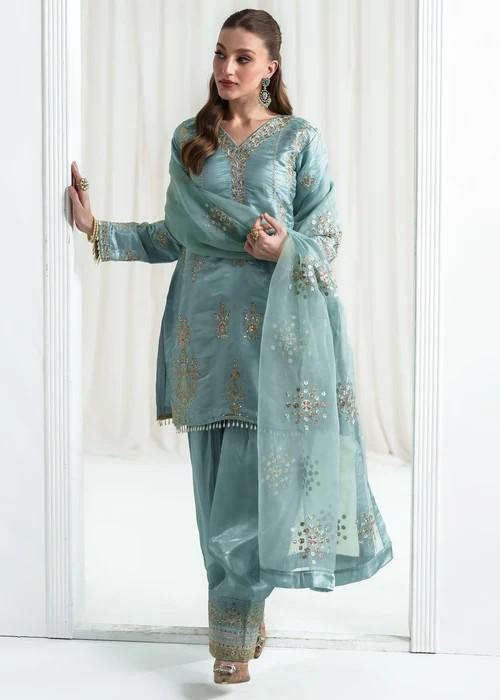 3 Piece Embroidered Charmeuse Silk Suit