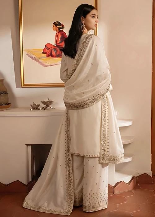 3 Piece Embroidered Silk Farshi Shalwar Suit - Beige - Chiffon Dupatta