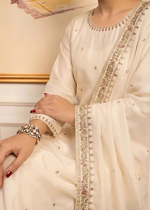 3 Piece Embroidered Silk Farshi Shalwar Suit - Beige - Chiffon Dupatta
