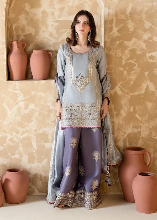 3 Piece Embroidered Silk Palazzo Suit Zardozi Work
