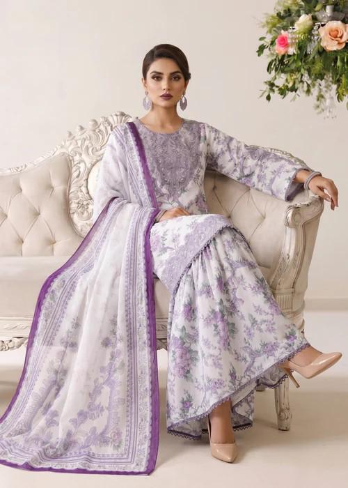 3 Piece Lawn Gharara Suit - Lilac /Off White - Silk Dupatta