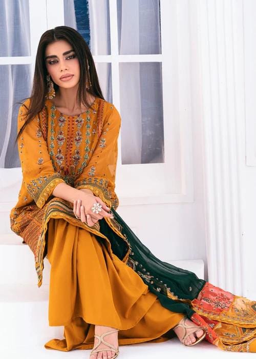 Embroidered Mustard Chiffon Suit - Silk Gharara - 3 Piece