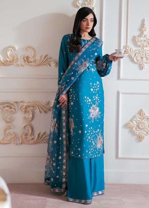3 Piece Charmeuse Silk Embroidered Palazzo Suit - Steel Blue