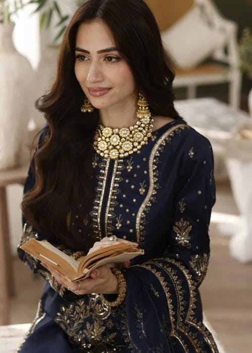 Embroidered Raw Silk Suit - 3 Piece - Navy Blue