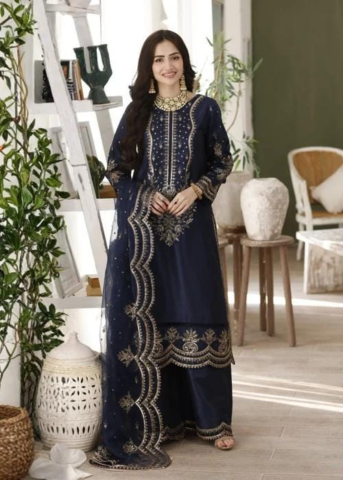 Embroidered Raw Silk Suit - 3 Piece - Navy Blue