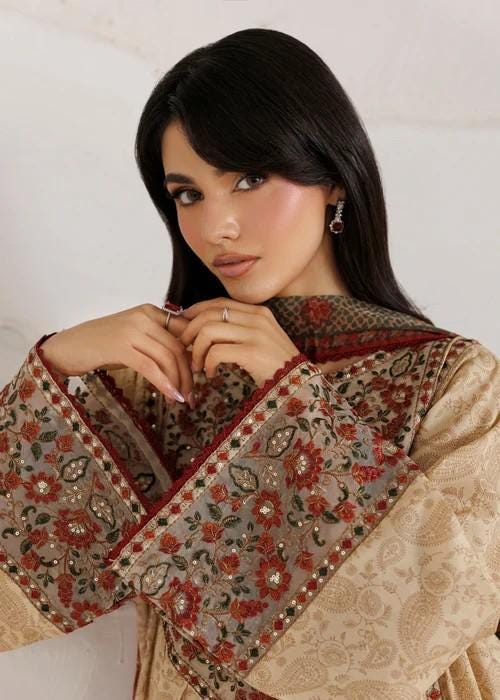 Embroidered Cotton Frock Shalwar Suit - Chiffon Dupatta