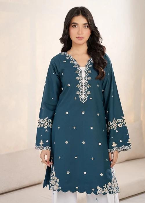 Embroidered Cotton Kurta Culottes Set - Teal
