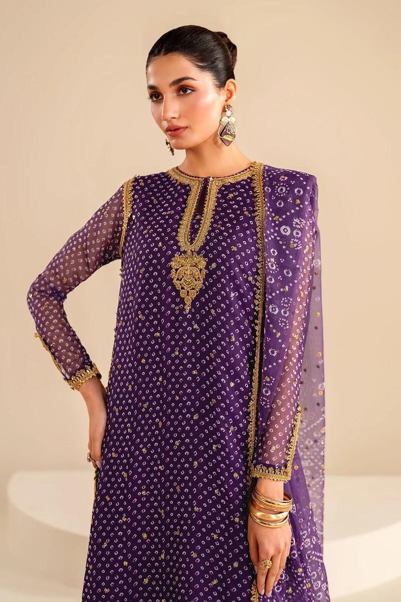 Baroque Embroidered Printed Chiffon Chunari Suit - 3 Piece - Purple