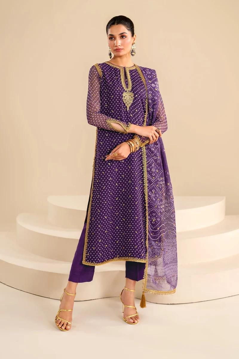 Baroque Embroidered Printed Chiffon Chunari Suit - 3 Piece - Purple