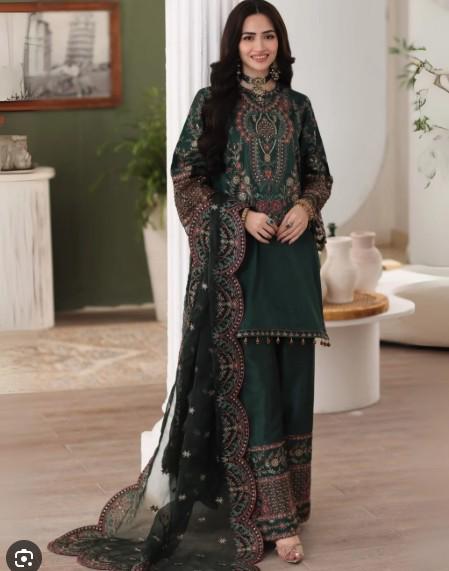 Embroidered Pure Raw Silk Suit - 3 Piece - Dark Green