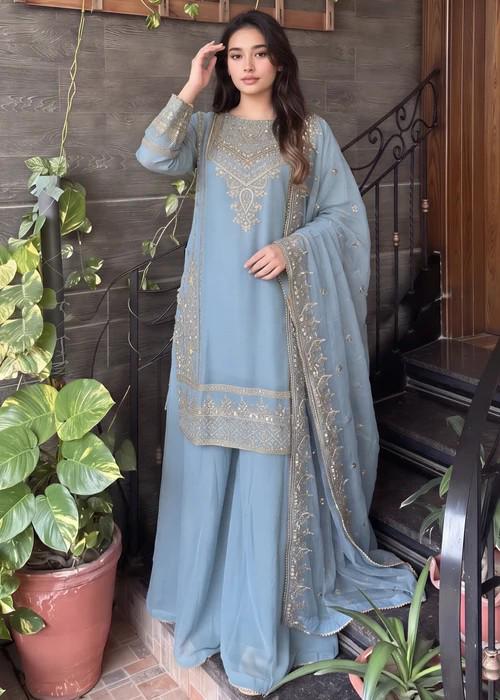 Embroidered Chiffon Sharara - Ice Blue - 3 Piece