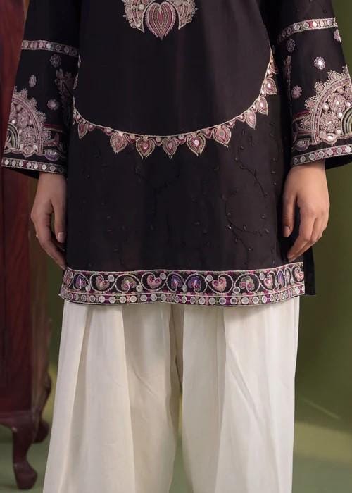 Embroidered Short Kurta Lawn Farshi Shalwar Suit - Black