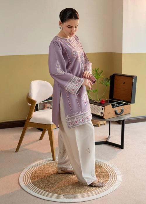 Embroidered Lawn Kurta Farshi Shalwar Suit - 2 Piece - Lilac