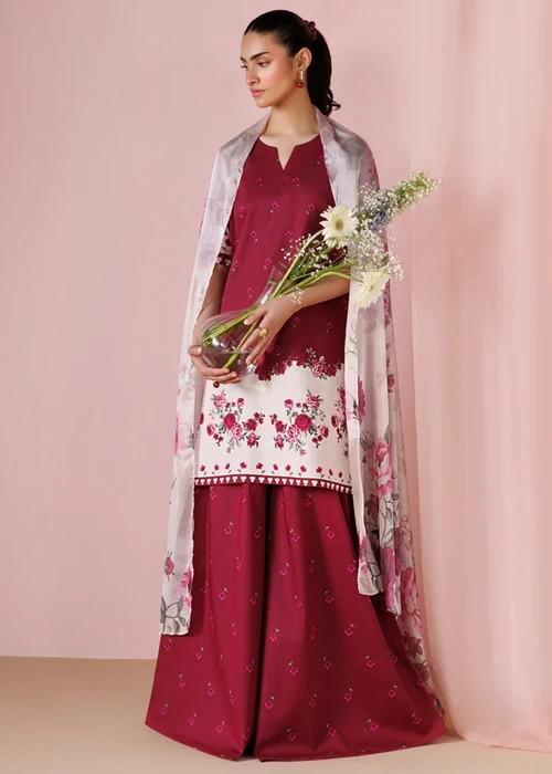 3 Piece Lawn Kurta Set - Mulberry