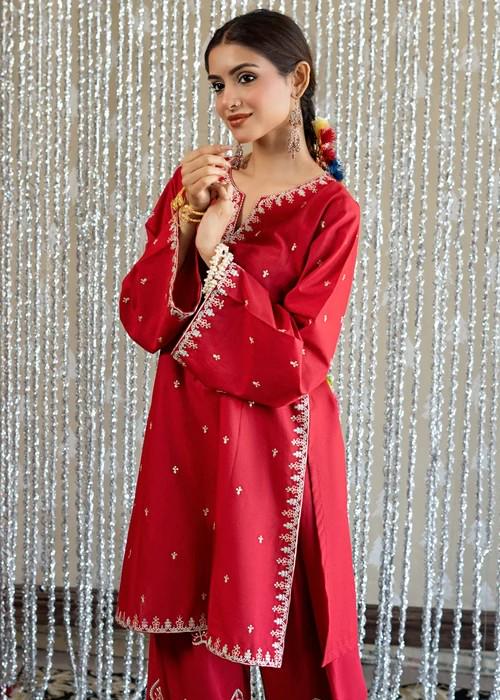 Embroidered Lawn Kurta Farshi Shalwar Suit - 2 Piece - Red