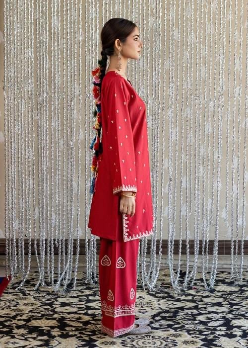 Embroidered Lawn Kurta Farshi Shalwar Suit - 2 Piece - Red