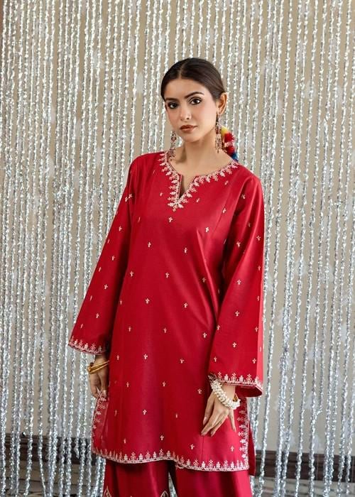 Embroidered Lawn Kurta Farshi Shalwar Suit - 2 Piece - Red