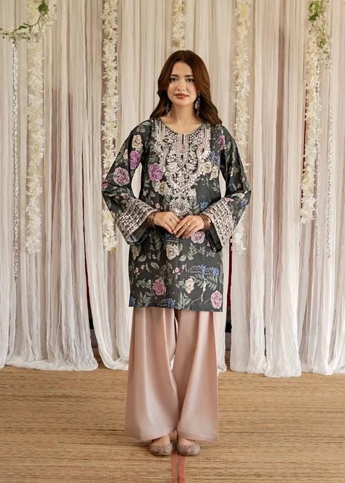 Embroidered Lawn Kurta Farshi Shalwar Suit - 2 Piece - Pink & Black