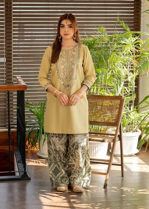 Embroidered Lawn Kurta Farshi Shalwar Suit - 2 Piece - Yellow Mellow