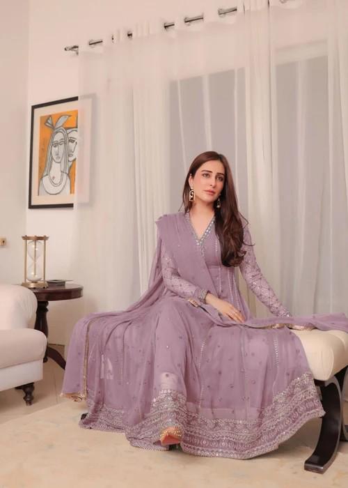 Embroidered Chiffon Anarkali Dress - 3 Piece - Mauve Pink