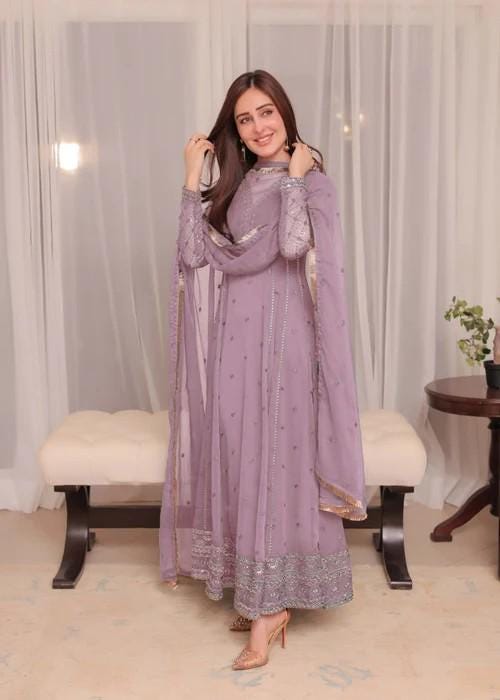 Embroidered Chiffon Anarkali Dress - 3 Piece - Mauve Pink