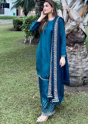Embroidered Silk Farshi Shalwar Suit with Chiffon Dupatta - 3 Piece - Blue