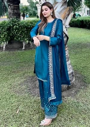 Embroidered Silk Farshi Shalwar Suit with Chiffon Dupatta - 3 Piece - Blue