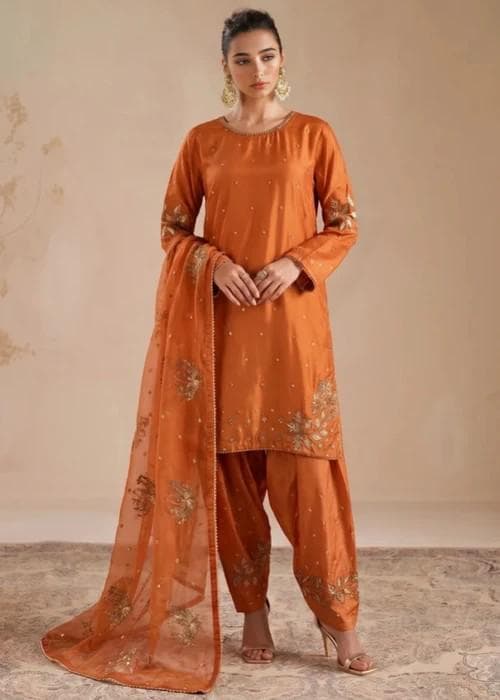 Embroidered Silk Farshi Shalwar Suit with Organza Dupatta - 3 Piece - Rust Orange